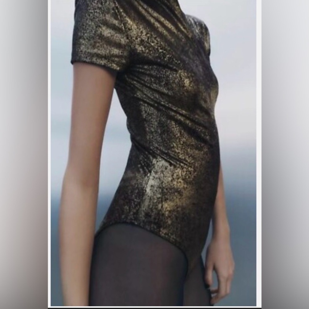 Zara Women's Metallic High Neck Bodysuit Short sleeve Gold - Picture 3 of 11